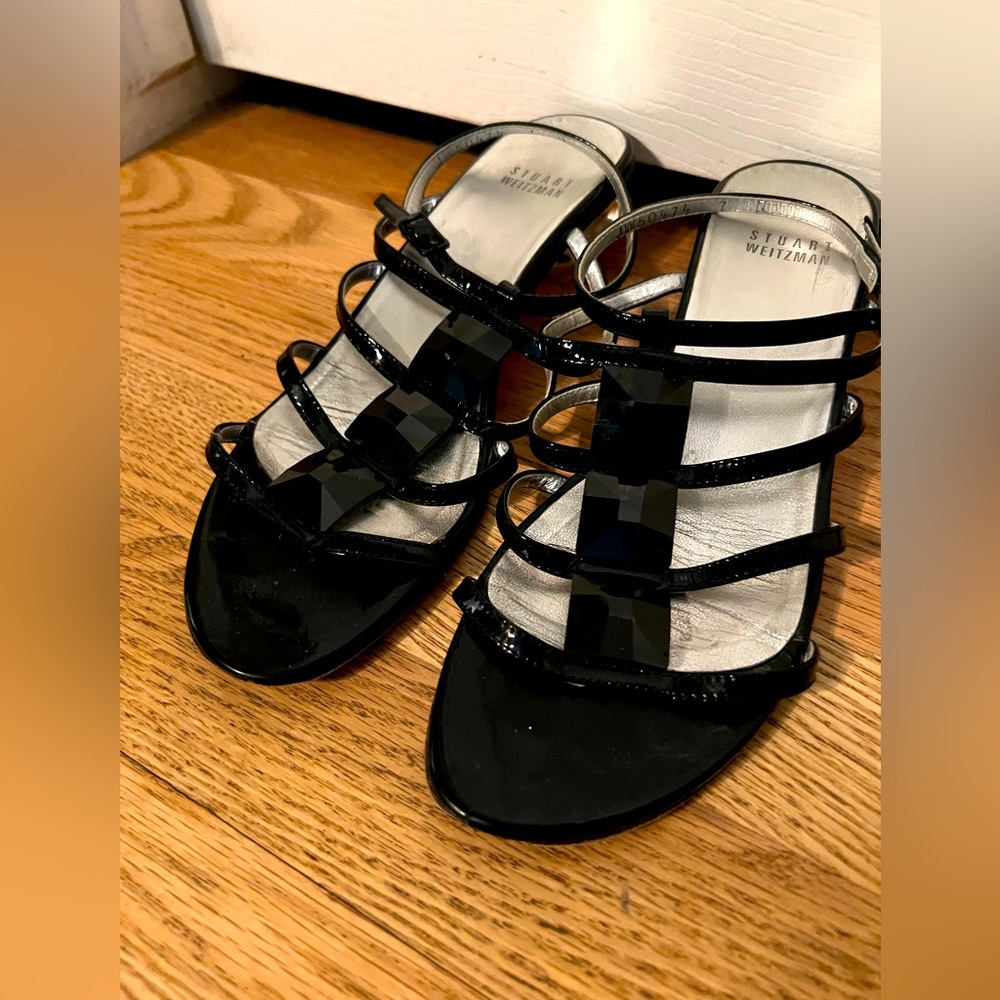 Stuart Weisman black strap sandals, small designer heel.